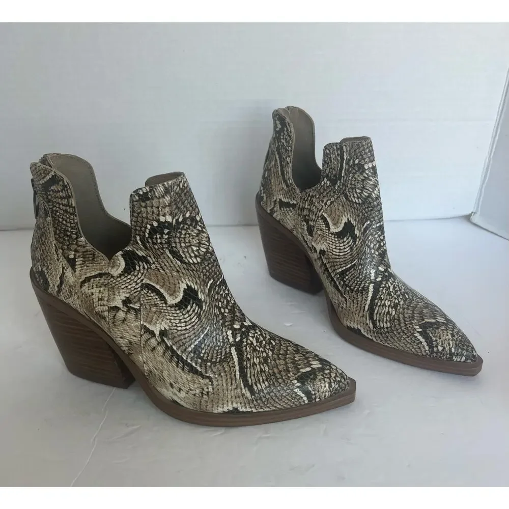 Vince Camuto Western Leather Snake Print Block‎ Heel Pointy Toe Bootie 7.5M